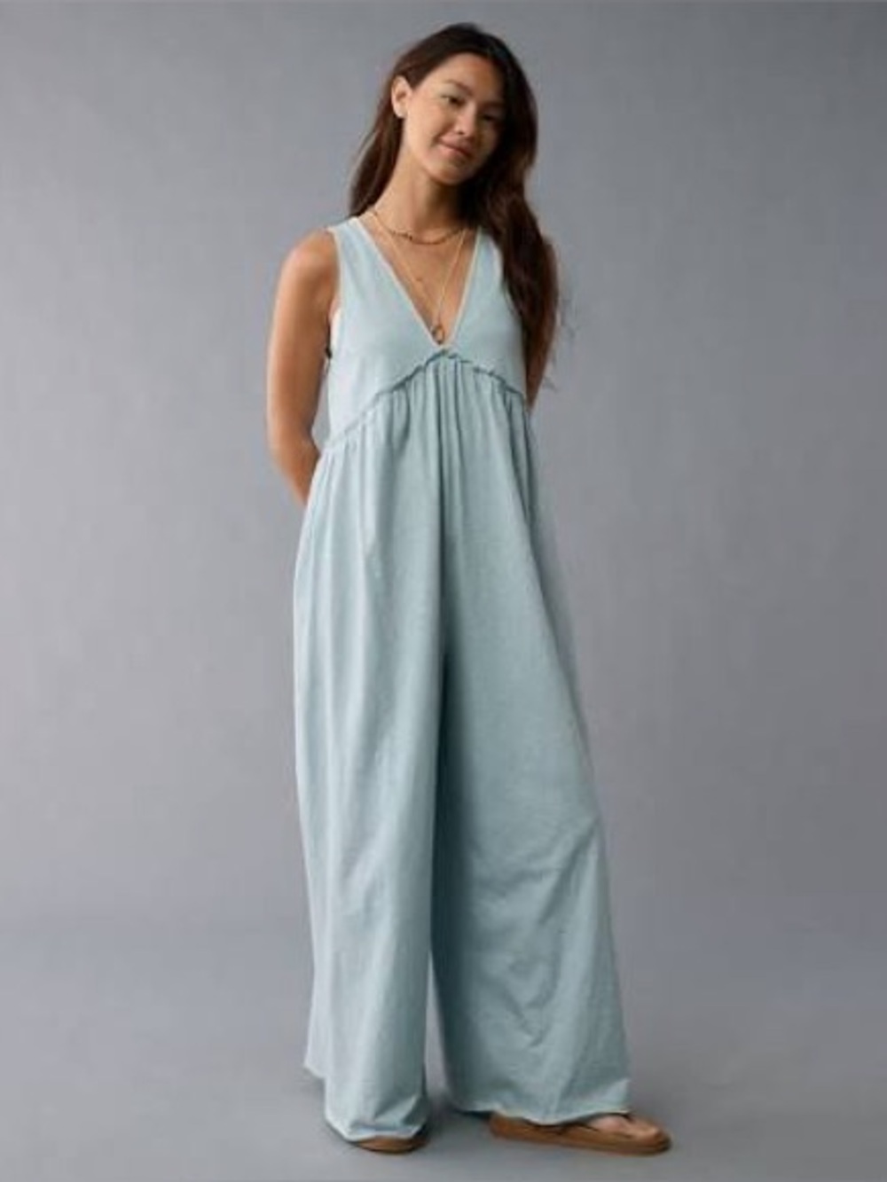 American Eagle V Neck Sunchaser Jumpsuit Knit Blue